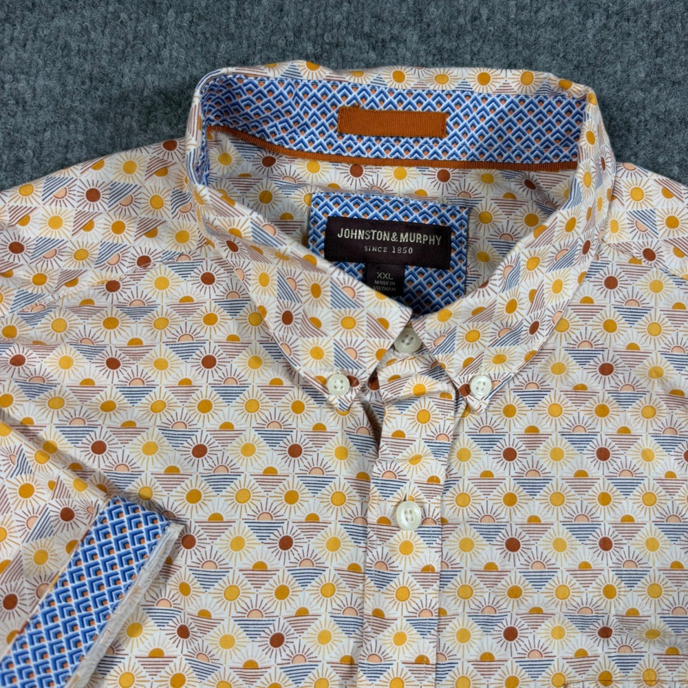 Johnston & Murphy Shirt Button Up Mens XXL White Cotton Sun Geometric EUC‎
